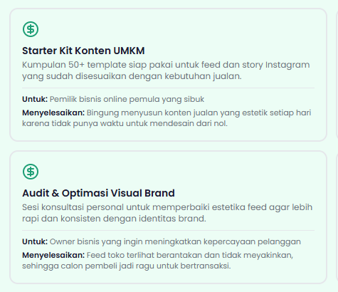 Contoh hasil Mula Bisnis: dua ide produk, masing-masing menampilkan untuk siapa produk itu dan masalah apa yang diselesaikan